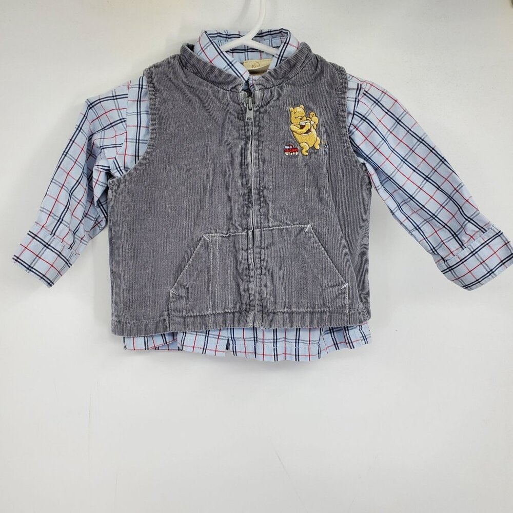 Disney Classic Pooh Plaid Button Down Shirt and Corduroy Vest Size 9 Month‎